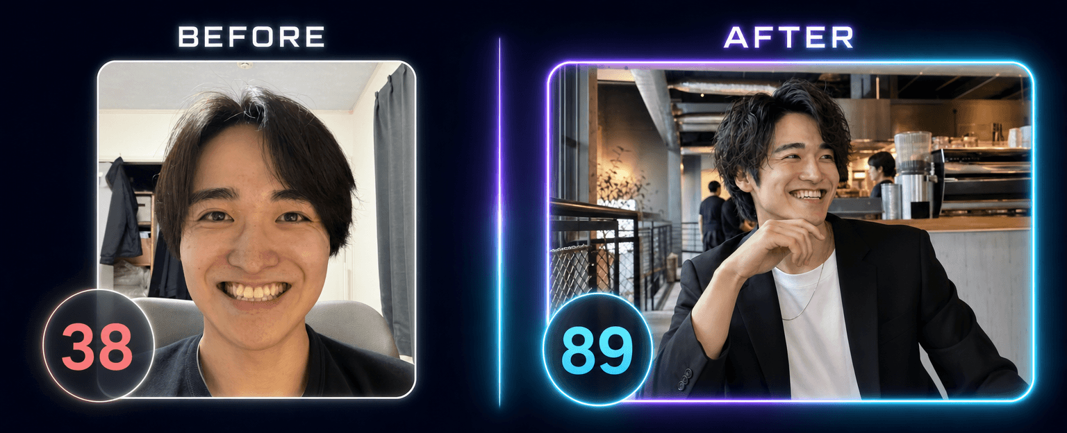 The same man in two profile photos: a plain indoor selfie scored 38, and a styled cafe shot scored 89