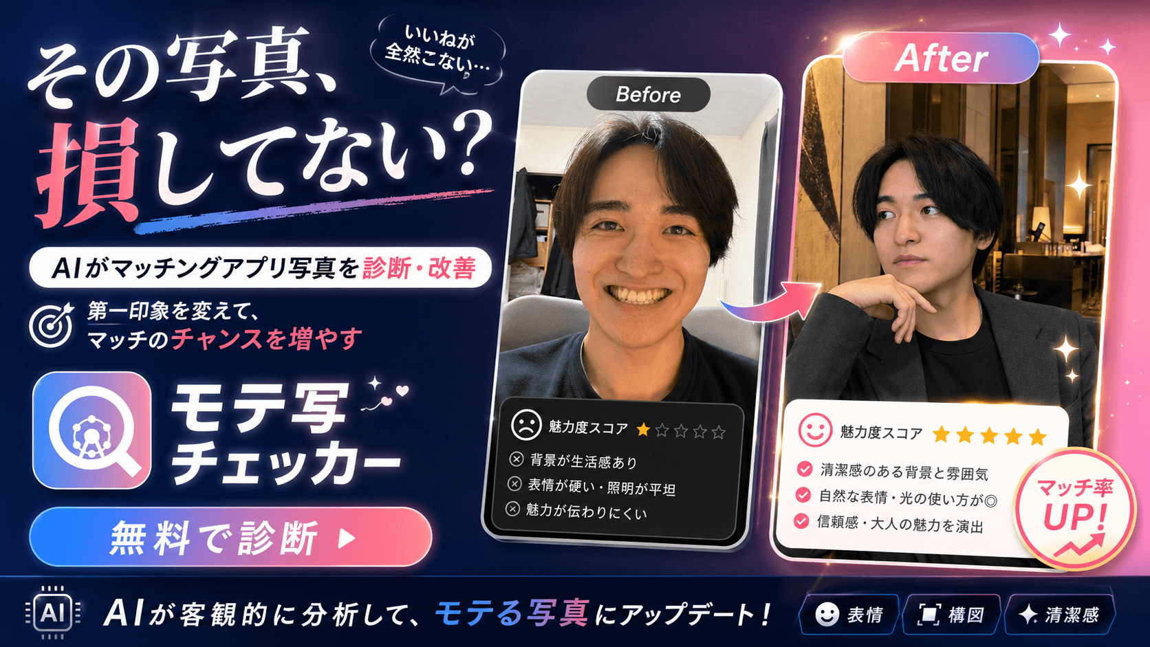 その写真、損してない？ AIがマッチングアプリ写真を診断・改善 — モテ写チェッカー